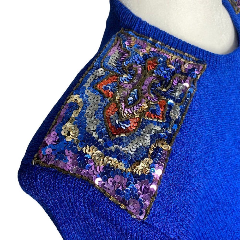 Vintage Donna Michele Dropped Waist Dress S Blue Knit Sequin Tulle Petti Skirt - Picture 6 of 10